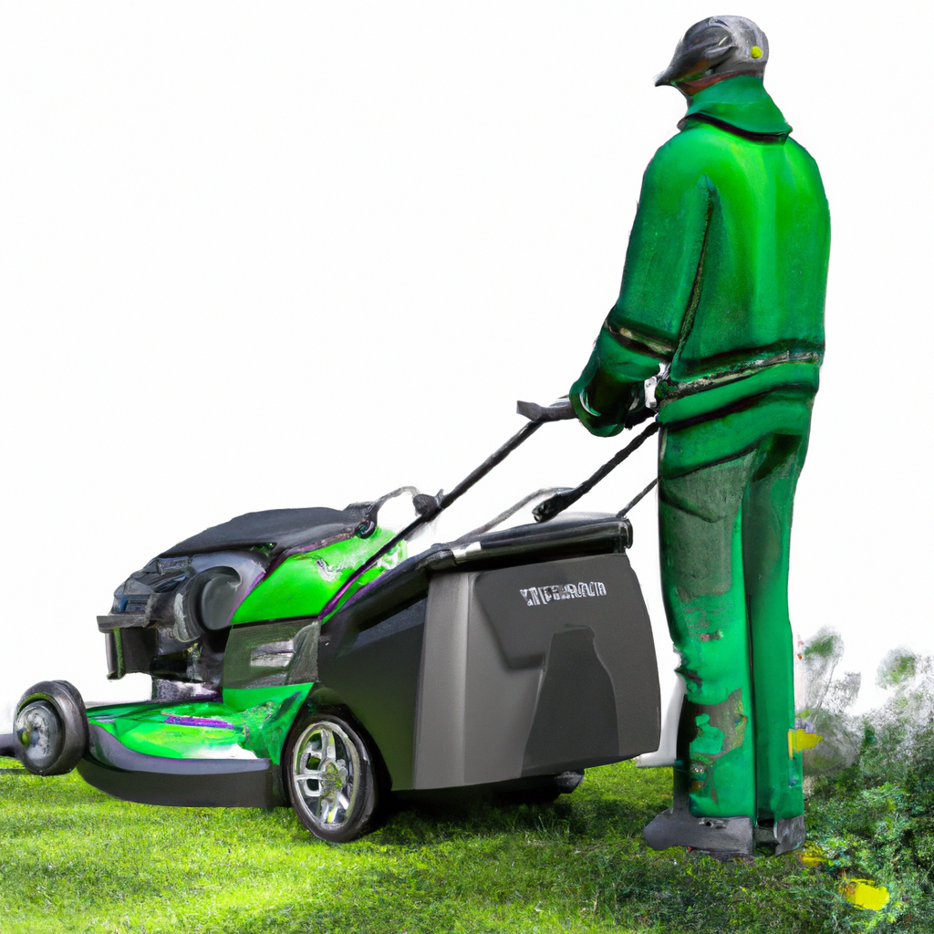 Illustratie van een groene tuin met elektrische maaier en service team in België